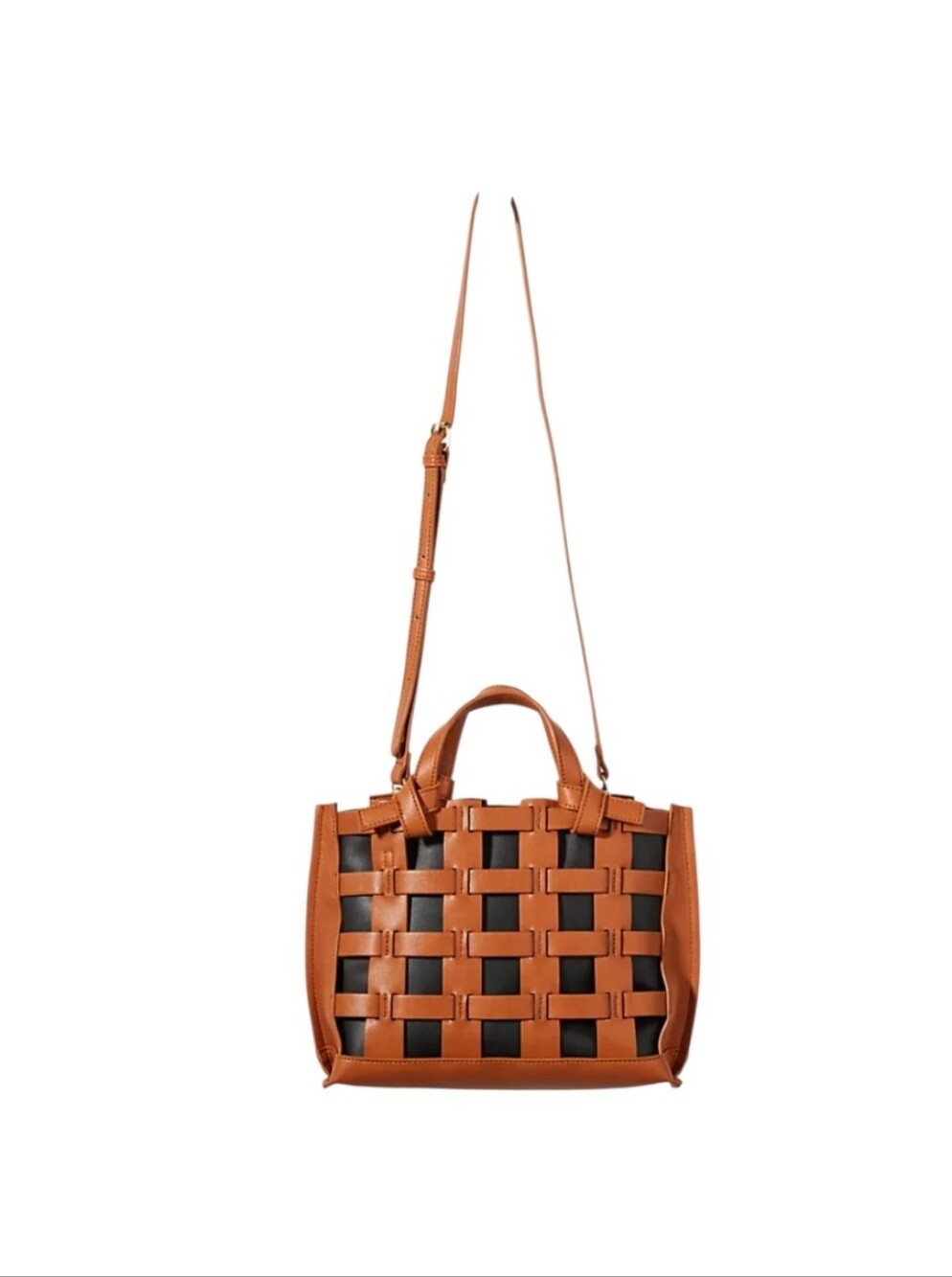 Anthropologie Rio Tote Bag in Brown Woven Cage with Black inner pouch crossbody